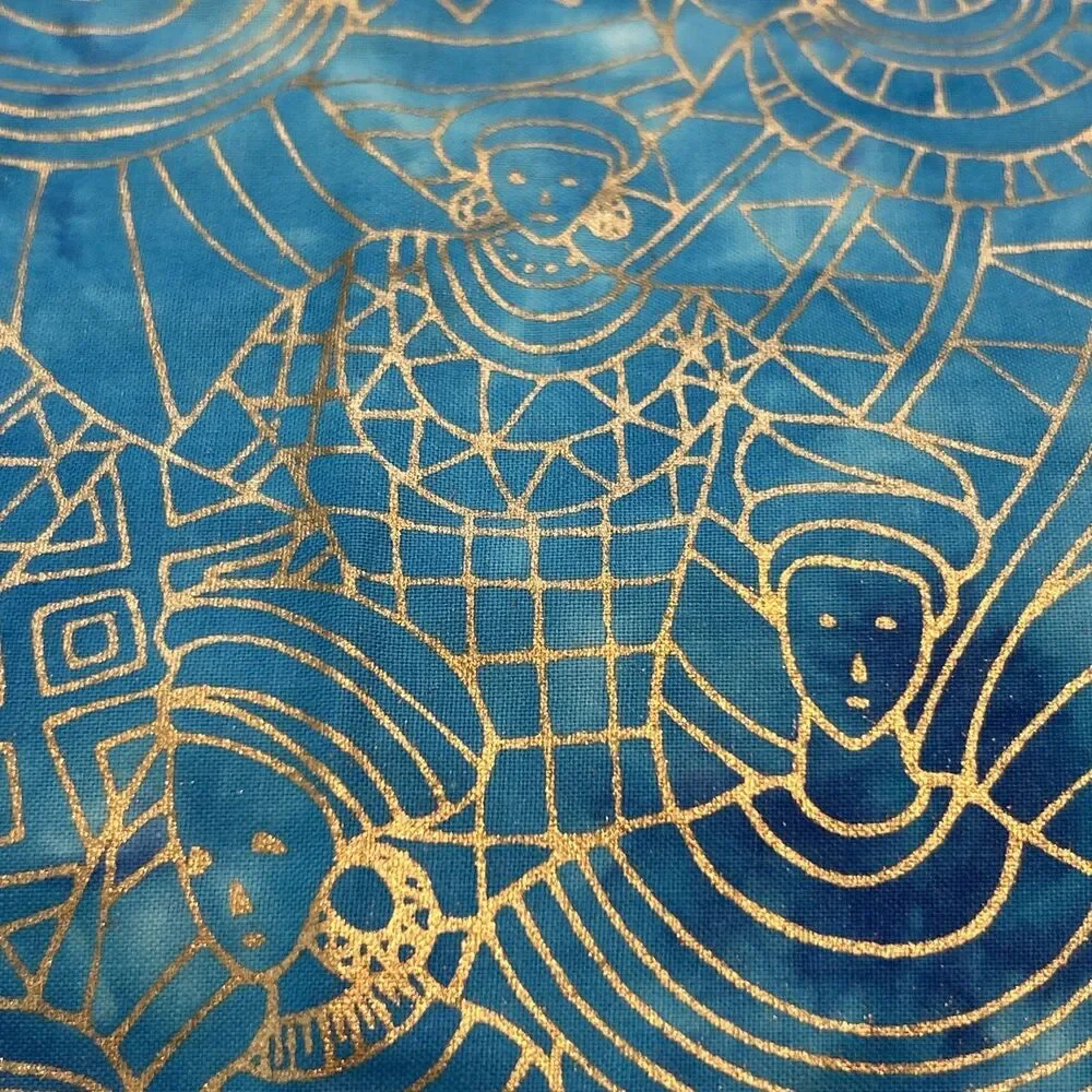 Cotton Quilting Fabric Tribal Print Batik Blue Goddess Gold Outline 3.3 Yd